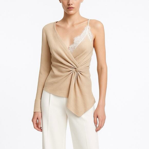 NEW Zara Beige Tan Asymmetrical Cami V Neck Lace One Shoulder Blouse Top Size S - Picture 1 of 7